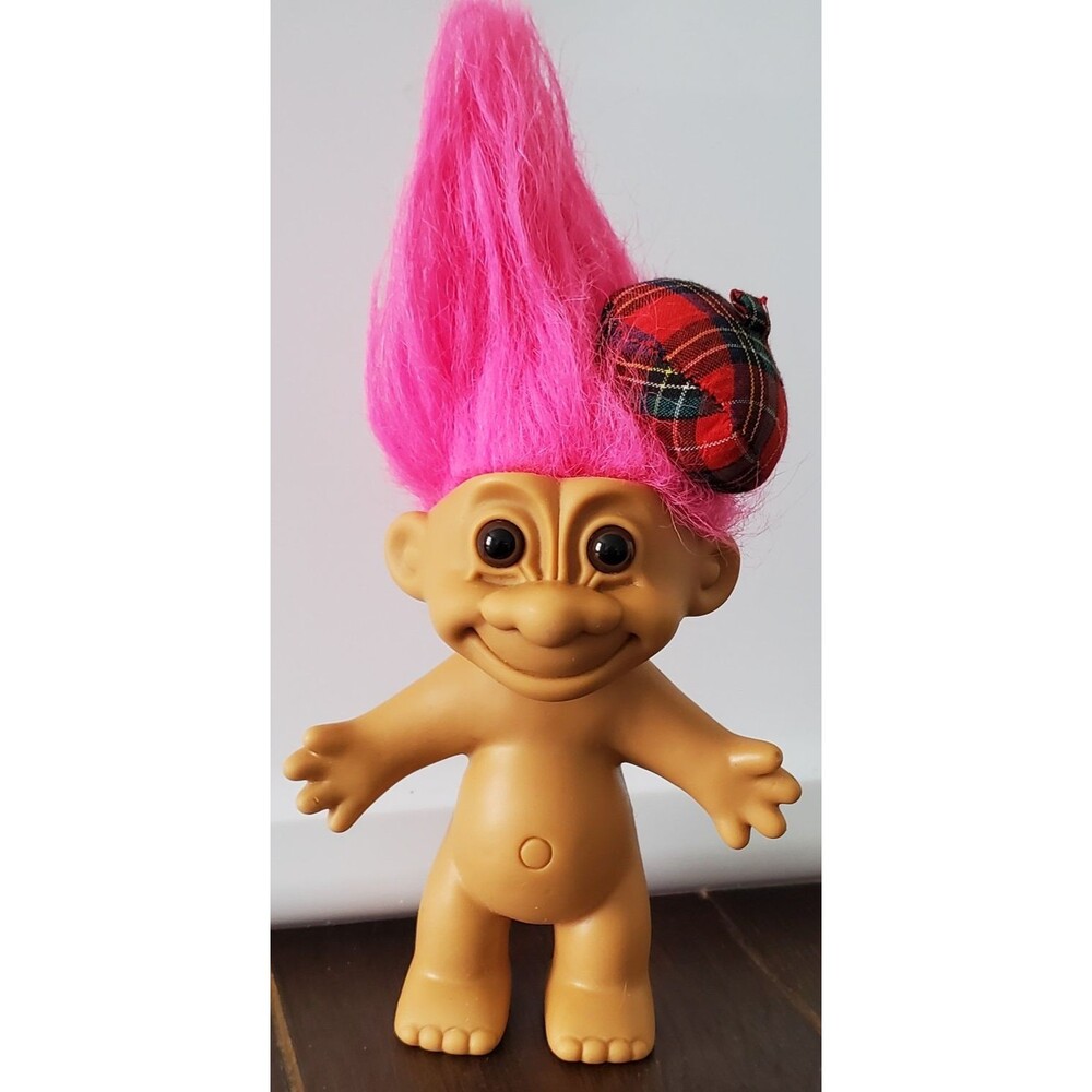 Vintage RUSS Troll Doll 5" Neon Pink Hair Brown Eyes Plaid Hat Tam Hat 80s 90s